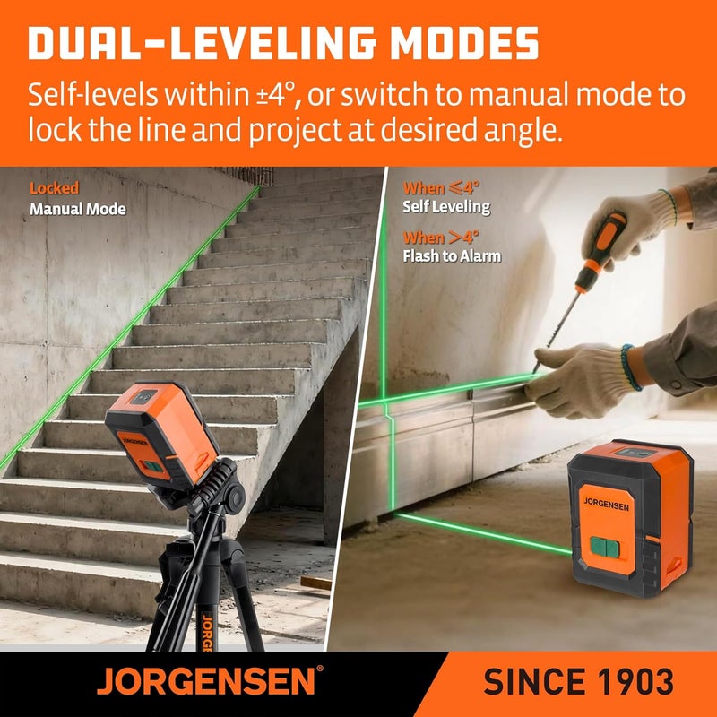 Jorgensen Laser Level with Tripod, 100 FT Dual Modules Self Leveling Cross Line Laser Leveler Tool with 360° Magnetic Base, Green Laser Level for Picture Hanging, Tile, Home Renovation, Indoor Project - Image 5